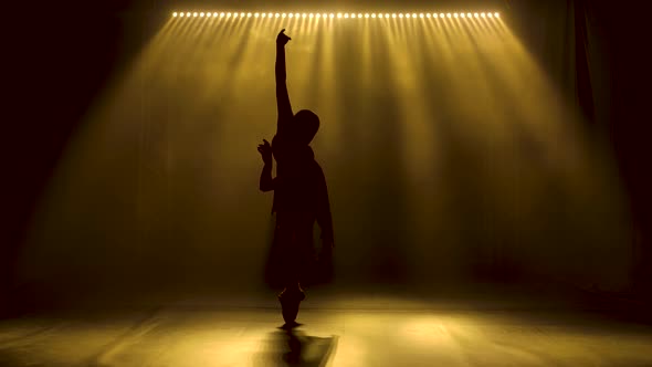Professional Ballerina Dancing Ballet in Spotlights and Smoke on Stage. Silhouette of a Beautiful