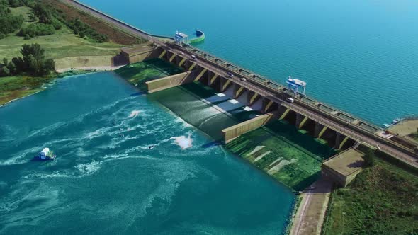 Hydroelectric Dam with Flowing Water Through Gate