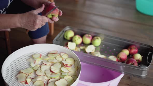 An Elderly Woman Cuts Fresh Apples with a Knife