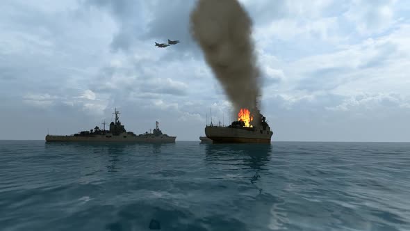 Burning Warships and Passing Warplanes