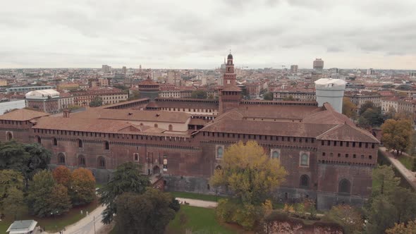 Aerial shot of Sforzesco Castle, Castello Sforzesco in Milan