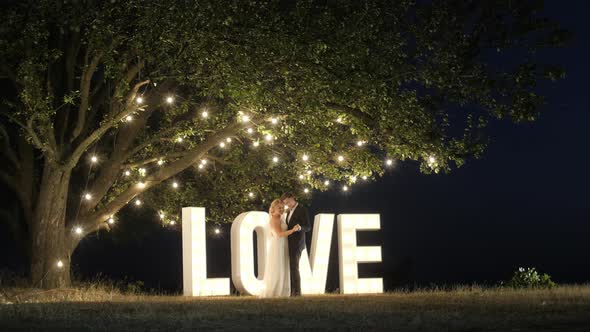 Bride and groom dancing at dusk