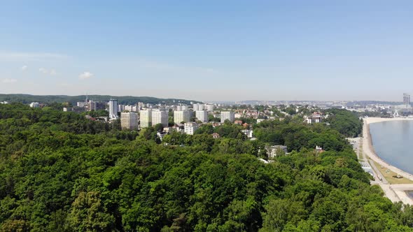 Flying over Sea Coast Gdynia Poland.  Aerial View