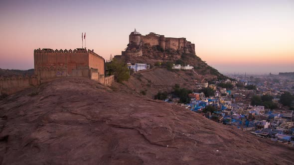 Time lapse 4k. blue city and the Mehrangarh Fort in Jodhpur.