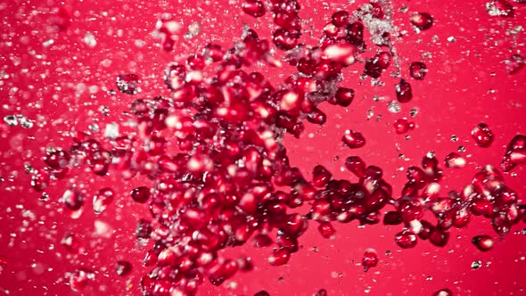 Super Slow Motion Shot of Fresh Pomegranate Seeds and Water Side Collision on Red at 1000Fps