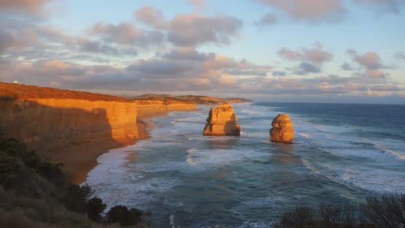 wide angle view looking east of the twelve apostles at sunset