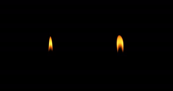 Two Realistic Candle Flame. 2 Different Candlelight isolated on black background with luma mate