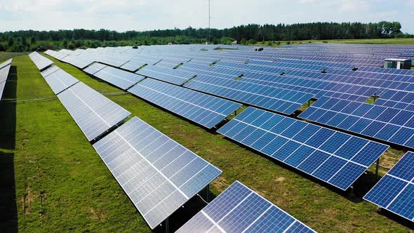 Aerial solar photovoltaic. Aerial view of solar energy modules along land