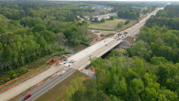 Drone shot of new bridge construction in America.  Infrastructure projects.