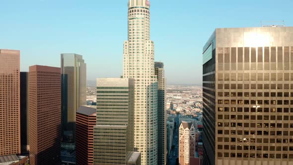 Cinematic urban aerial time lapse of downtown Los Angeles skyline.