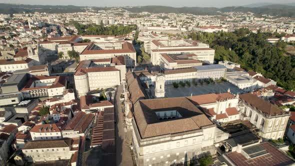 Coimbra University and cityscape, Portugal. Aerial circling