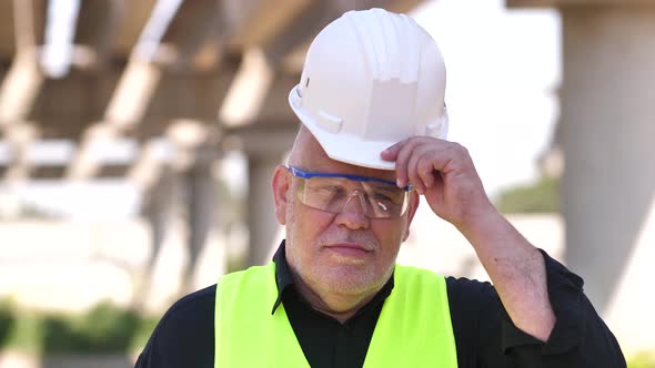 Close Up Portrait of Mature Master Builder in White Safety Hard Hat Looking at Camera Standing at