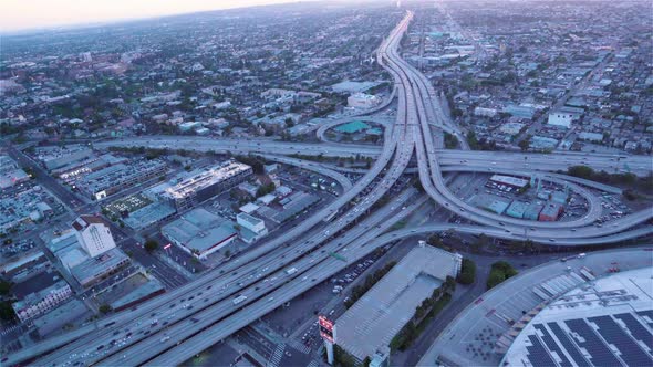 Wide angle view The Highway 10 and 110 at dusk as seen from a helicopter