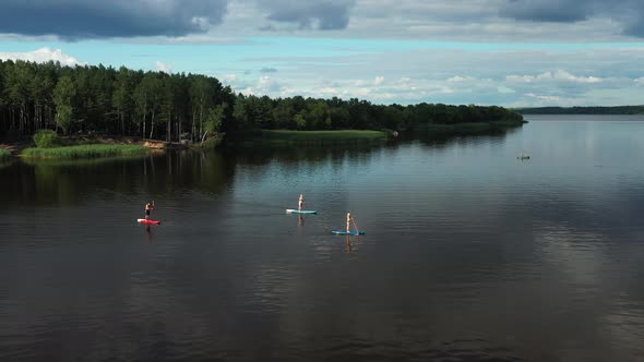 Top View of the Lake Where a Family Swims on Sup Boards at Sunset