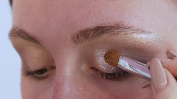 Beautiful Shiny Shadows are Applied with a Special Brush on the Eyelid of the Model