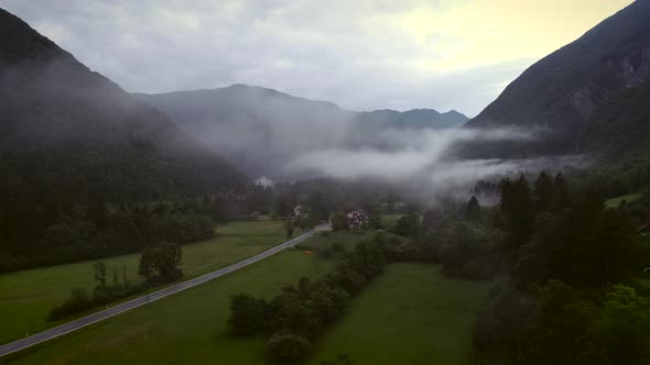 Aerial view of misty valley in the Soca region in Slovenia.