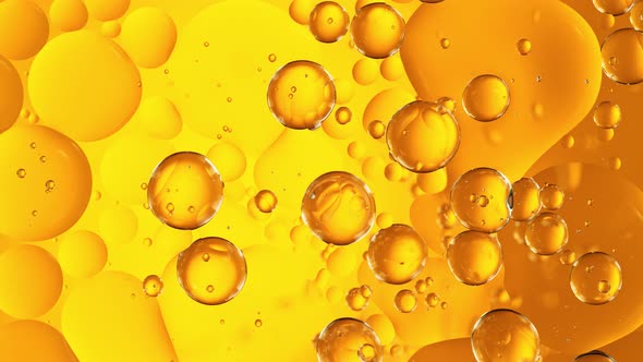 Super Slow Motion Shot of Moving Oil Bubbles on Golden Background at 1000Fps