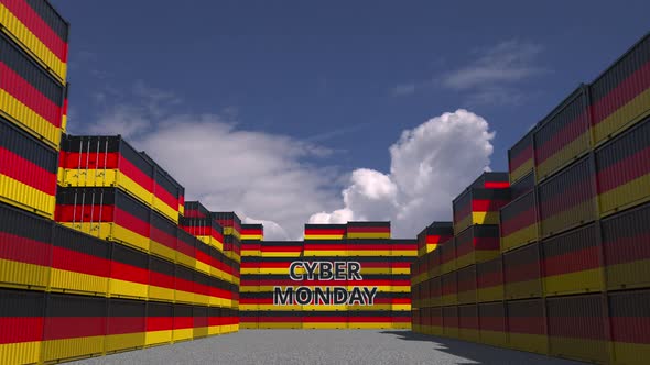 Cargo Containers with CYBER MONDAY Text and Flags of Germany alt