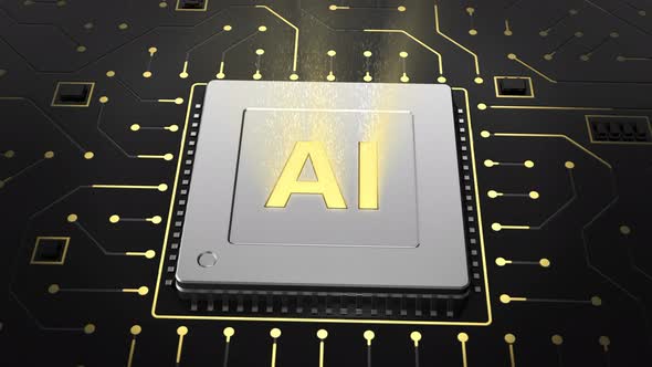 3d render of computer chip over circuit background with AI sign.