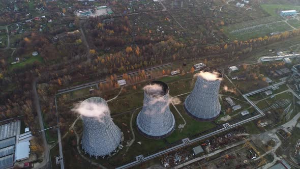 Cooling Tower of a State District Power Station, Aerial View.