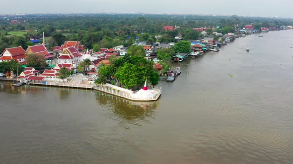 Aerial View of Wat Poramai Yikawat or Wat Paramaiyikawat in Koh Kret Nonthaburi Thailand