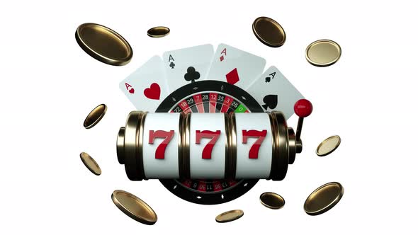 Gambling Concept, Slot Machine, Roulette Wheel And Four Aces WIth Golden Coins - 3D Illustration