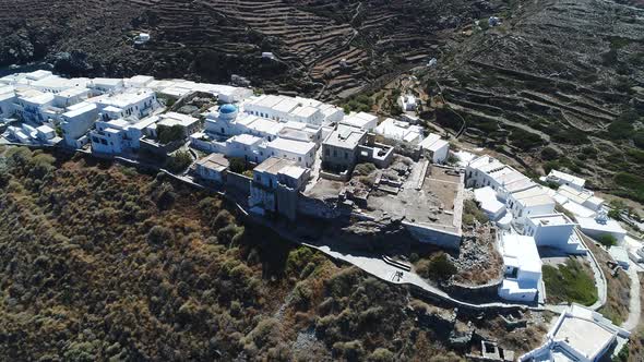 Kastro Sifnou beach on Sifnos island in cyclades in Greece from the sky