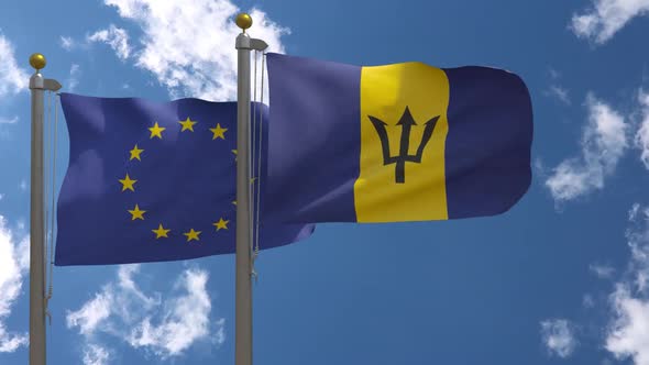 European Union Flag Vs Barbados Flag On Flagpole