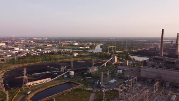 Coal-fired Power Plant By The Riverbank - DTE River Rouge In Detroit, Michigan - aerial panning shot