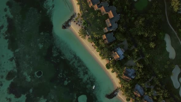Aerial Shot of Island Oceanfront with Villas, Mauritius