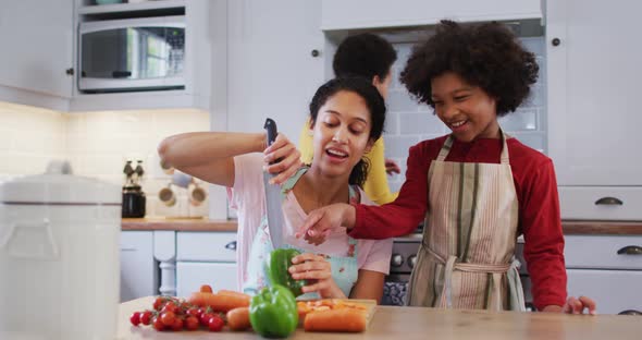 Mixed race lesbian couple and daughter preparing food in kitchen