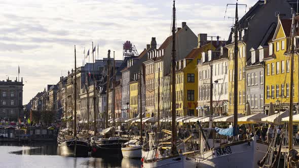 Copenhagen, Denmark, Timelapse - The Nyhavn waterfront canal and entertainment district