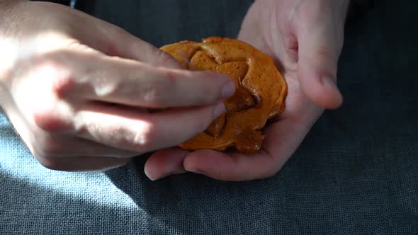 Men's Hands Closeup Scratch Brown Sugar Caramel Candy