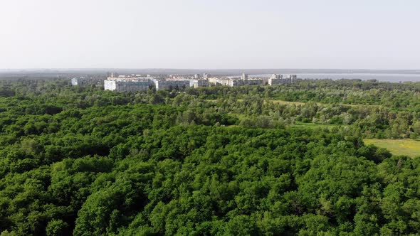 Flying Over a Green Forest Near Near Sleeping Area in Small Town, Summer