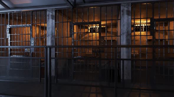 Interior of the modern prison. Hallway with two floors and rows of cells.