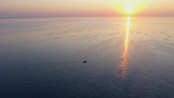 Aerial View Boat At Dawn At Sea Turkey