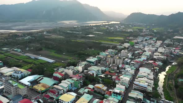 Aerial shot of a small town in central Taiwan