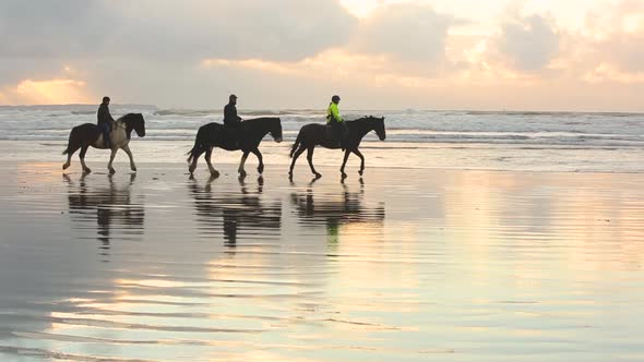 People riding horses on the beach at sunset