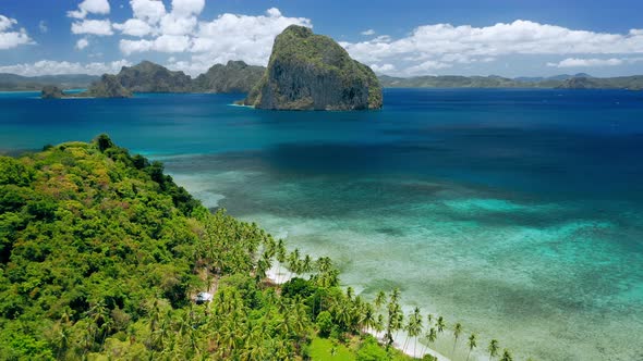 Aerial Drone Shot of Remote Coastline of Bacuit Bay