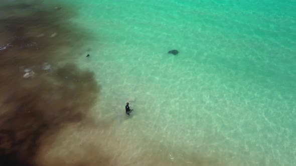 Underwater Photographer At The Beach In Carnarvon, Western Australia With Mantas In The Water - aeri