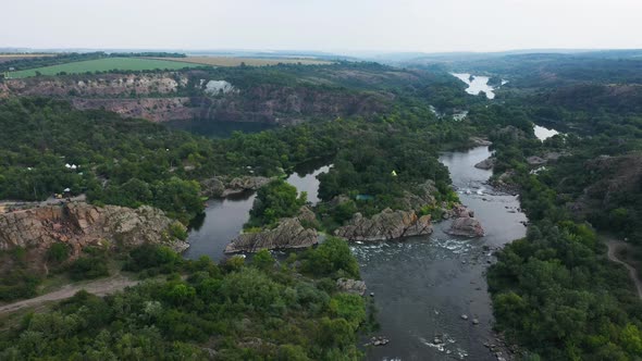 Landscape of the River and Granite Rocks Near the Radon Lake Aerial View