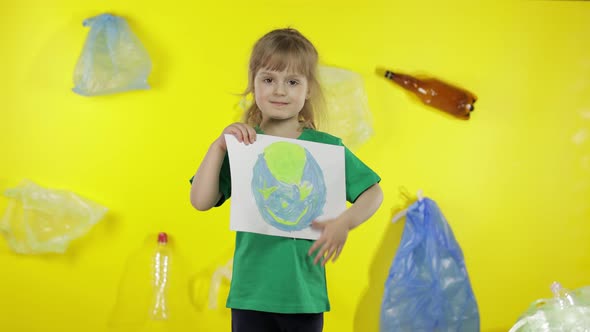 Girl Volunteer Holding Painted Picture of Earth. Plastic Trash Nature Pollution. Save Ecology