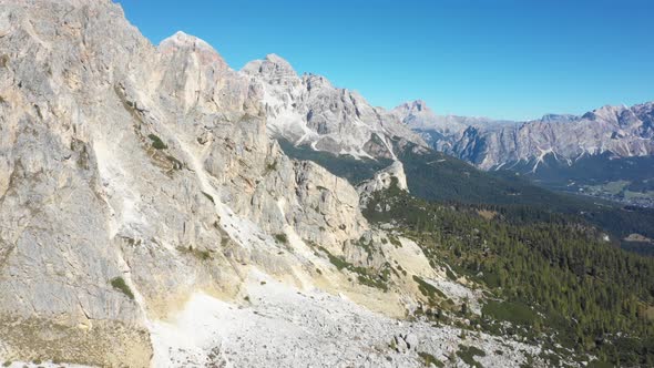 Aerial and panoramic view of Dolomites mountains in the Alps in Italy