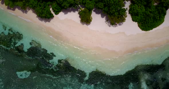 Wide overhead abstract view of a white paradise beach and aqua blue water background 