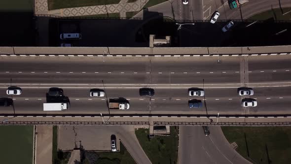 Drone's Eye View Car Aerial View of Urban Traffic Jam on a Car Bridge