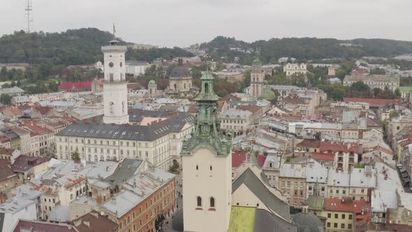 Aerial Drone Video of European City Lviv Ukraine Rynok Square Central Town Hall Latin Cathedral