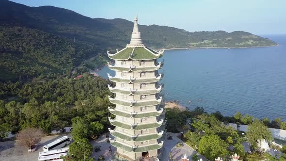 Close Aerial View Great Buddhist Pagoda Near Vast Ocean