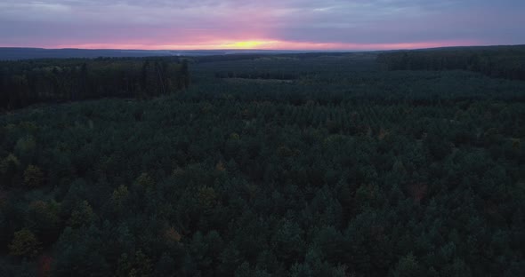 Aerial Landscape View Pink Sunset Countryside