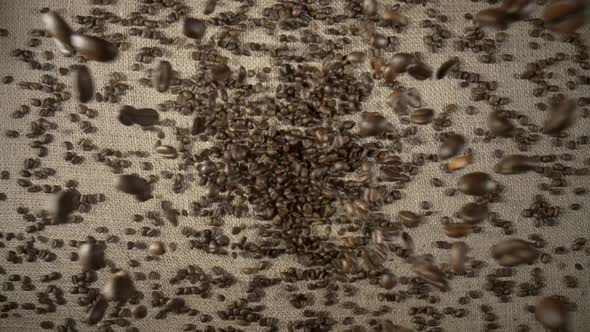 Top View of Brown Roasted Coffee Beans Falling on a Heap Onto a Burlap Cloth and Scattering