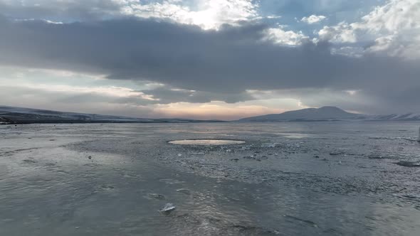 Aerial view of frozen Lake Paravani. The largest lake in Georgia